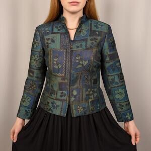 Vintage 90s Coldwater Creek Floral Tapestry Jacket Blue Green Zip Up